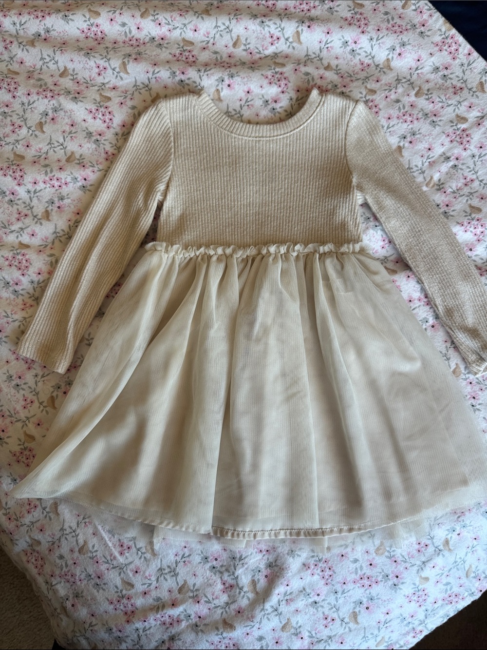 Girls' Cream Long-Sleeve Tulle Skirt Dress 3T